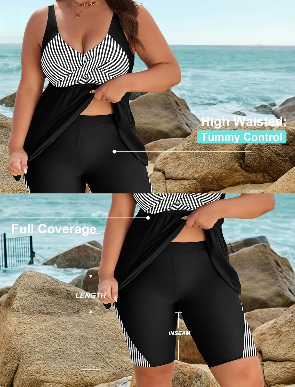 Detalle 2 de Arolina Plus Size Two-Piece Modest Tankini with Tummy Control and Shorts