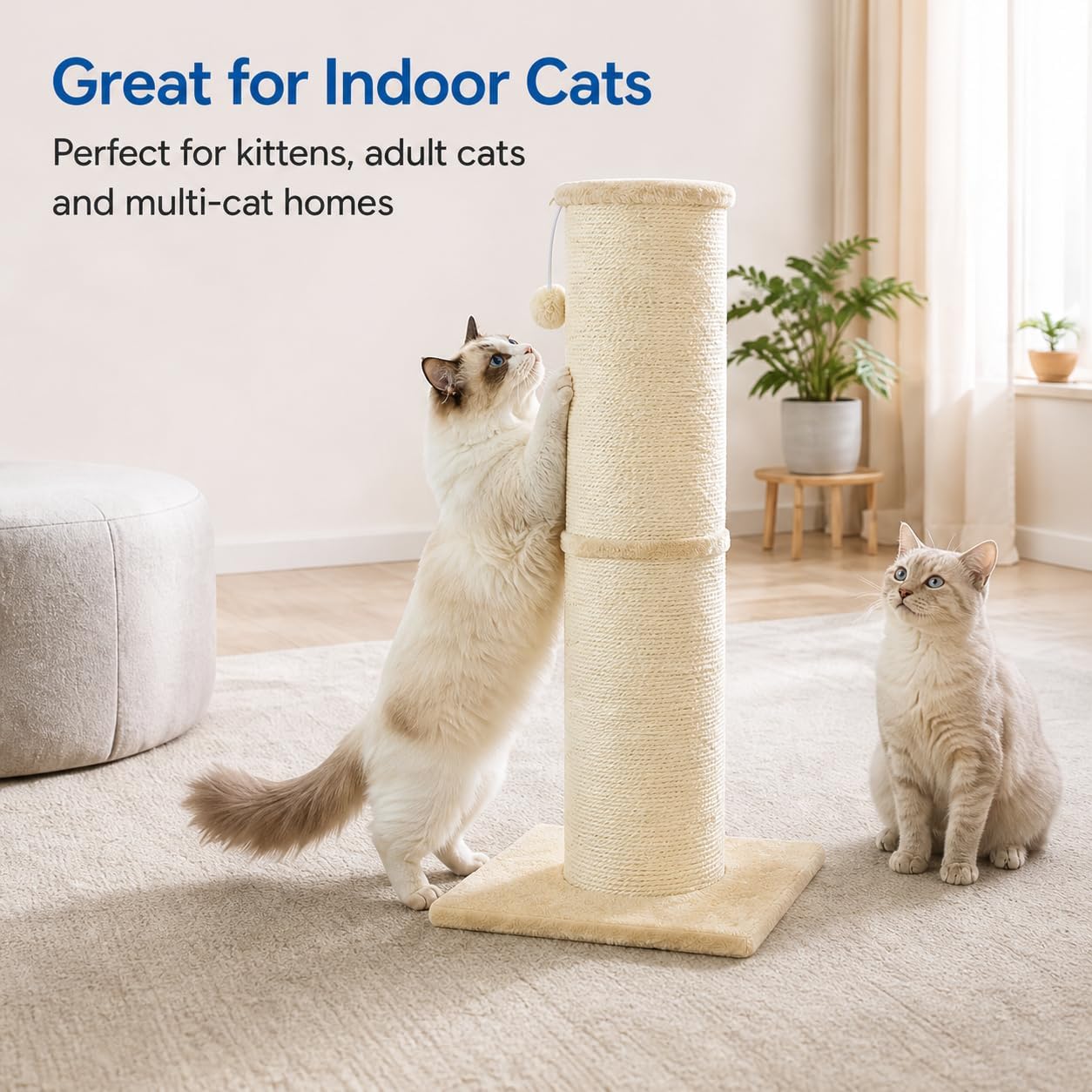 Detalle de Sisal Cat Scratching Post for Indoor Cats & Kittens — 81 cm Tall with 14 cm Diameter, Beige