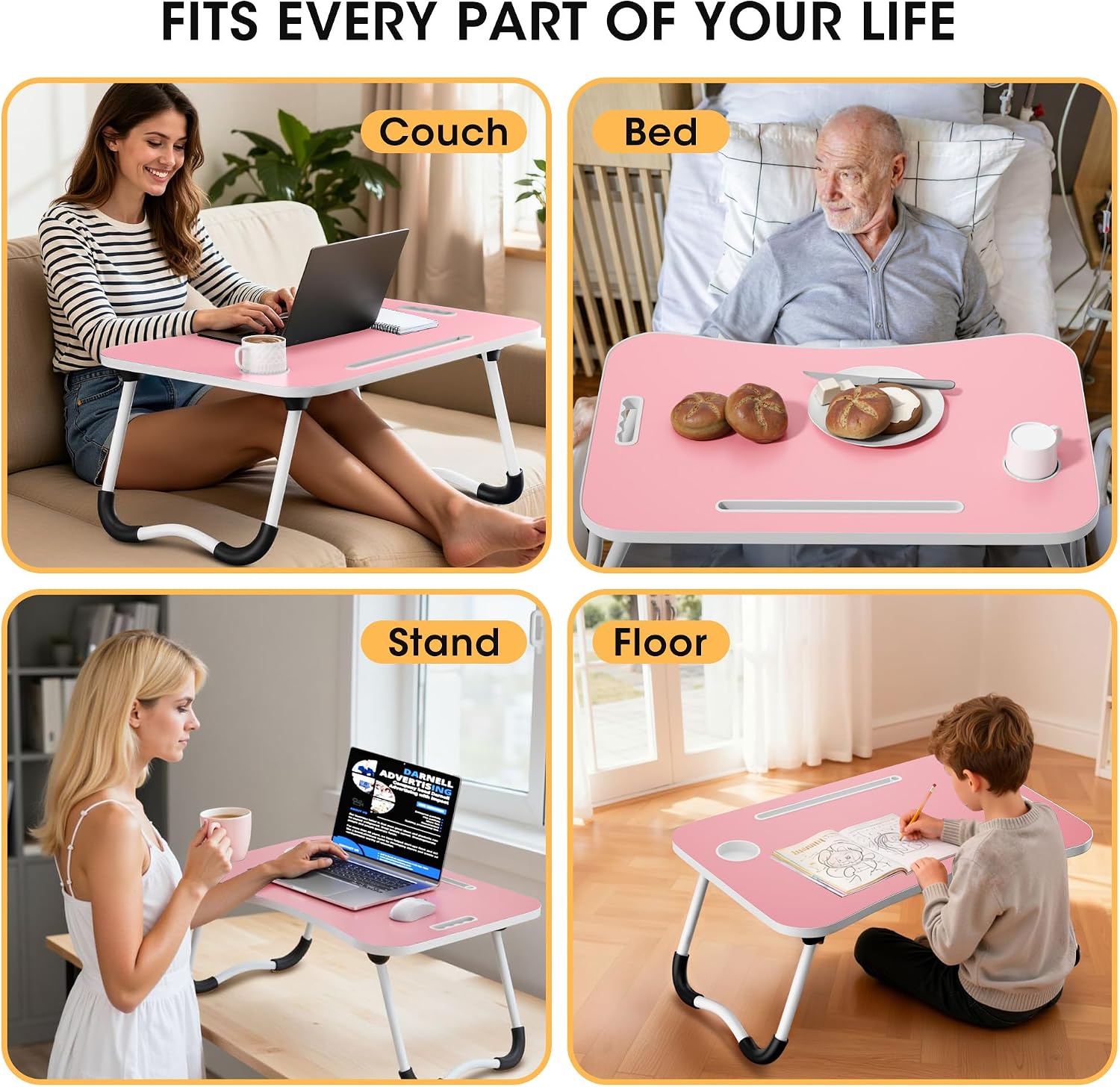 Thumbnail 6 de Frpufi LD002 Folding Lap Desk, 23.6-Inch Wood Bed Table with Cup Holder, Pink