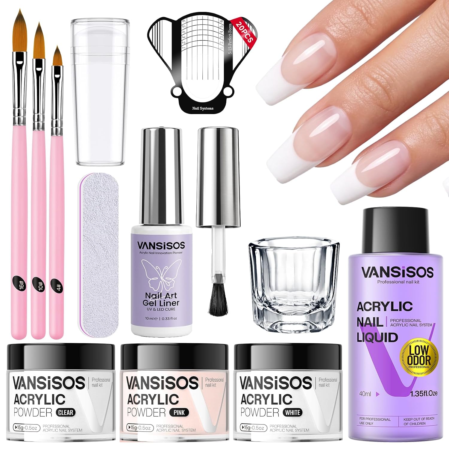 Detalle de VANSISOS Acrylic Nail Kit, 40ml Liquid, Three Powders and 10ml Gel Liner