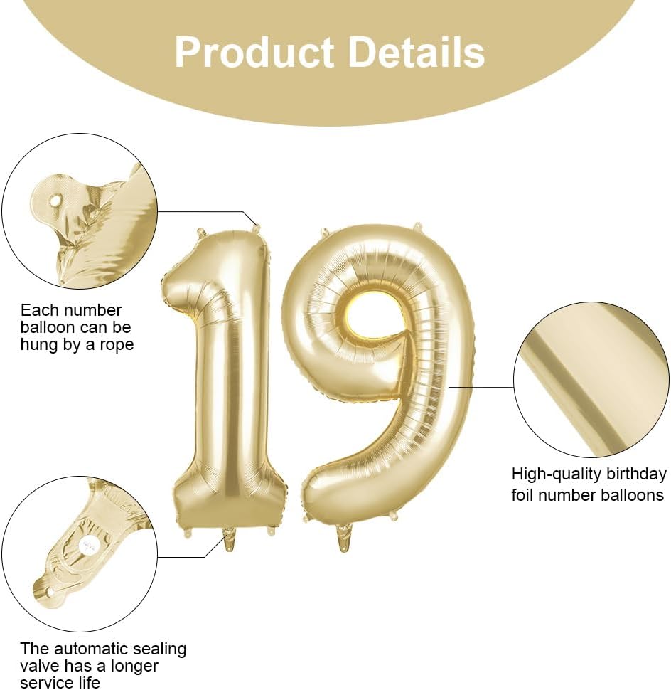 Detalle de OFFCUP Zahlen Luftballon 19 Geburtstag Gold Creme – Riesiger 101 cm Folienballon zur Deko