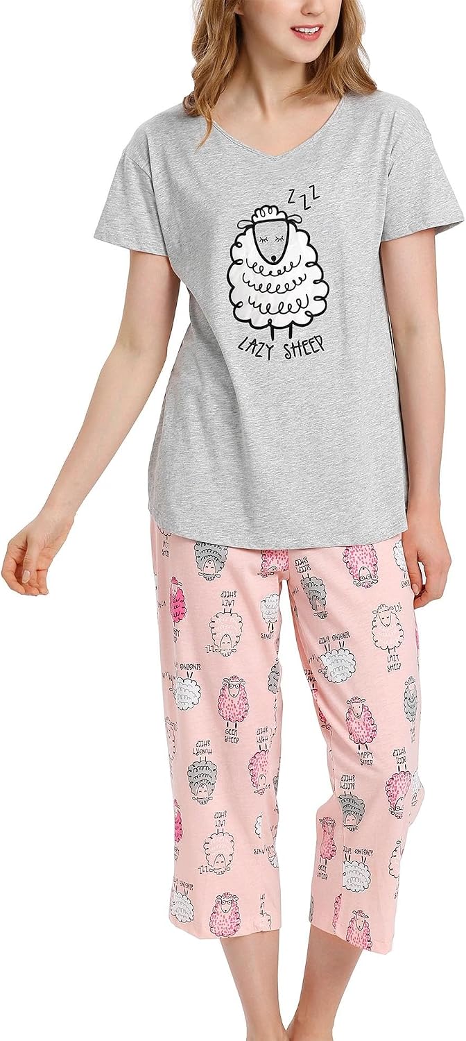 Thumbnail 6 de ENJOYNIGHT Women’s Cotton Pajama Set (Short-Sleeve V-Neck Top + Capri Pants)