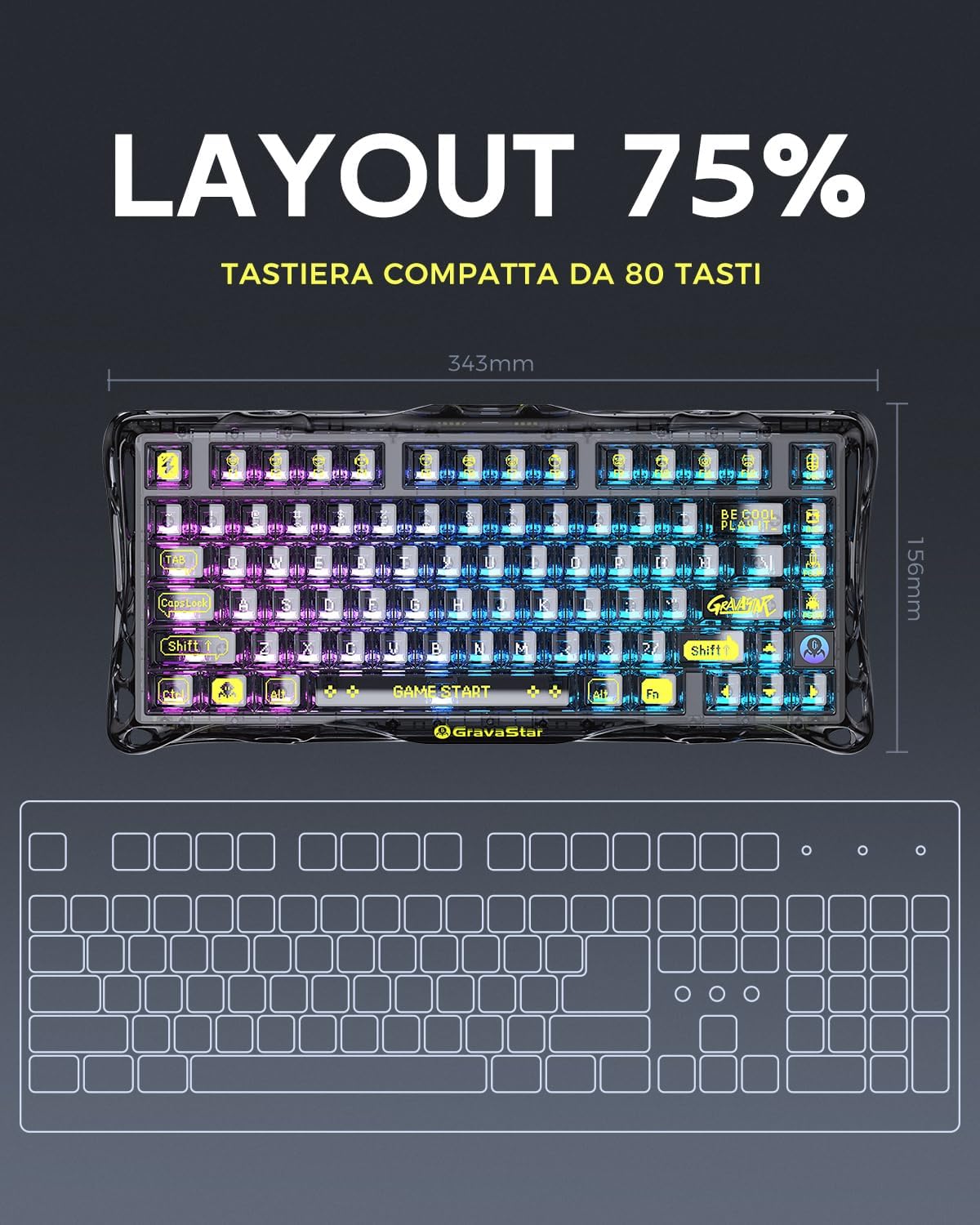 Detalle de GravaStar Mercury K1 Lite tastiera meccanica wireless 75% con BT 5.0/2.4G/USB-C e RGB