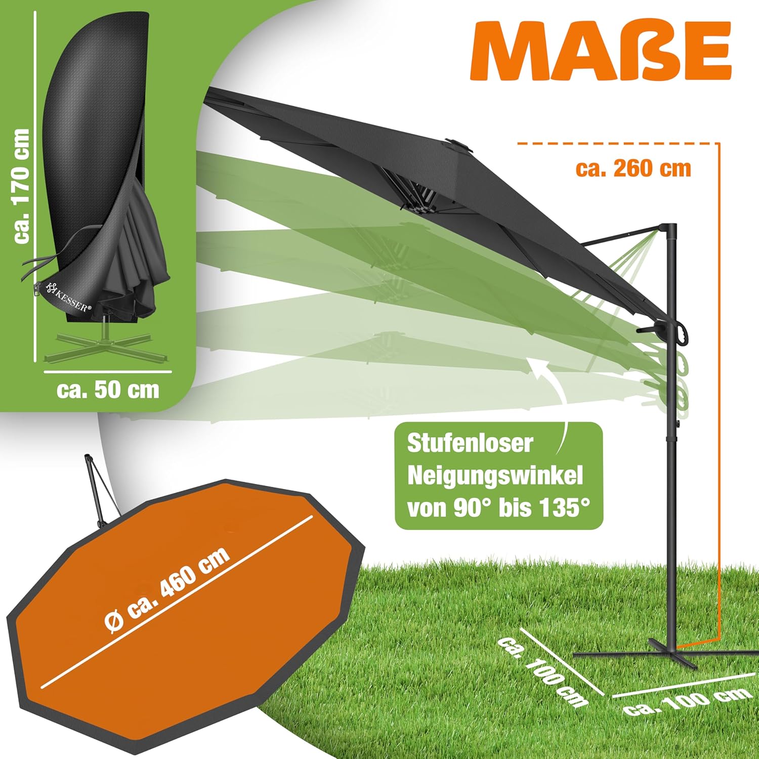 Thumbnail 1 de KESSER® Doppelsonnenschirm 4,6 m x 2,7 m mit Kurbel, Ständer, neigbar/360° drehbar