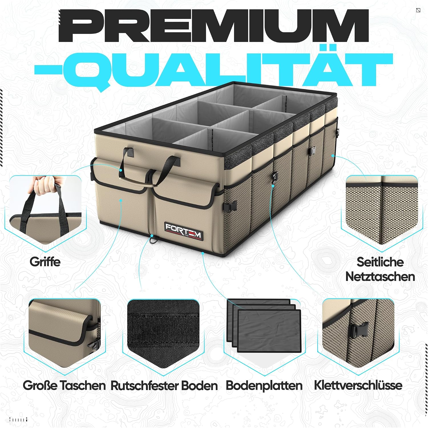 Detalle 2 de FORTEM Kofferraum Organizer (Kofferraumtasche) mit klappbarem Deckel – beige