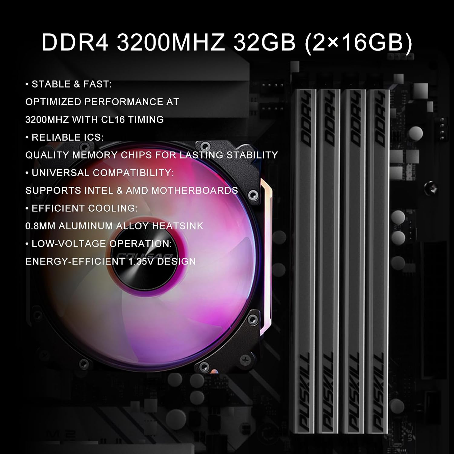 Thumbnail 6 de PUSKILL 32GB DDR4 3200MHz Desktop RAM Kit, 2x16GB, White, CL16