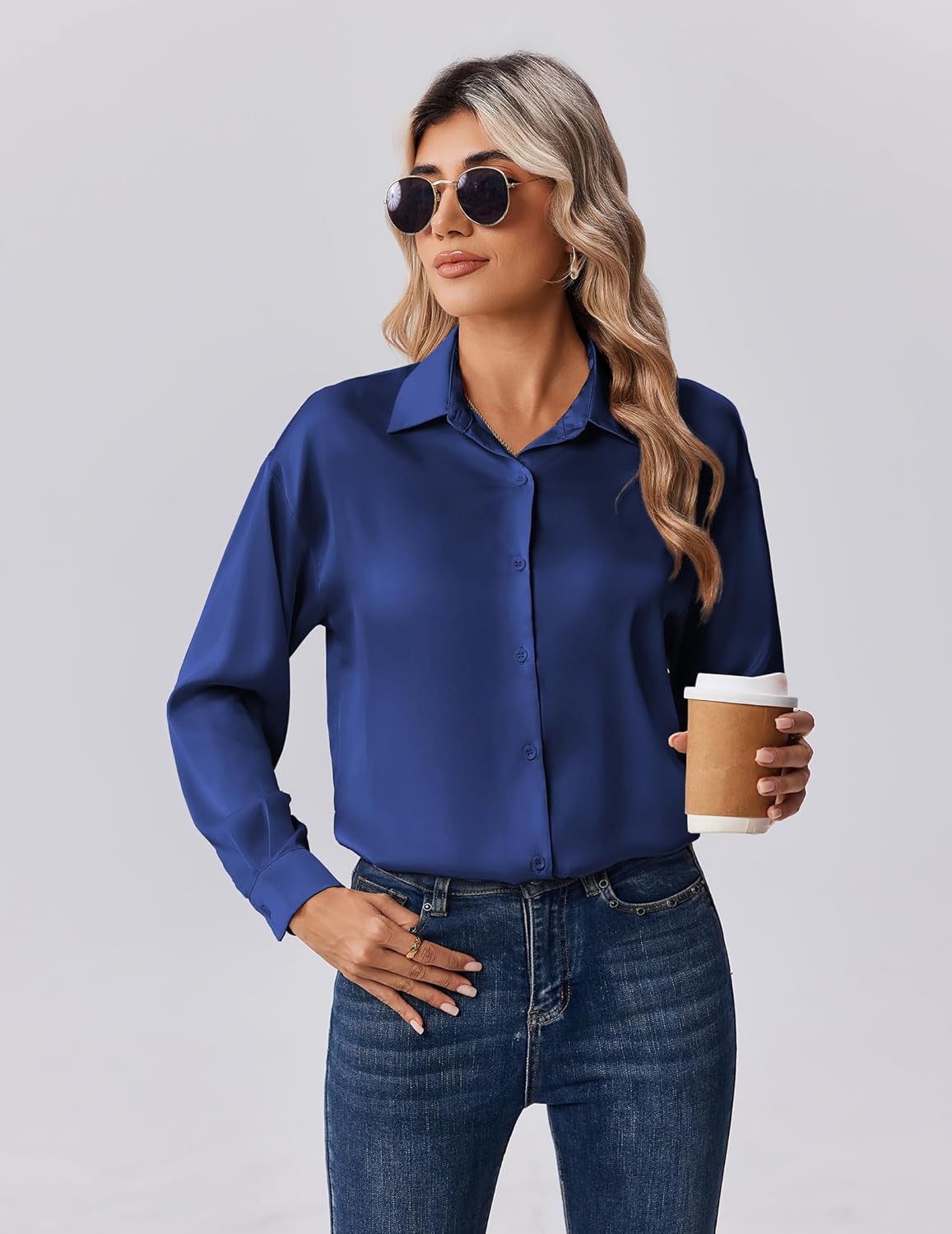 Detalle de Zeagoo Women's Satin Silk Button-Down Long Sleeve Shirt