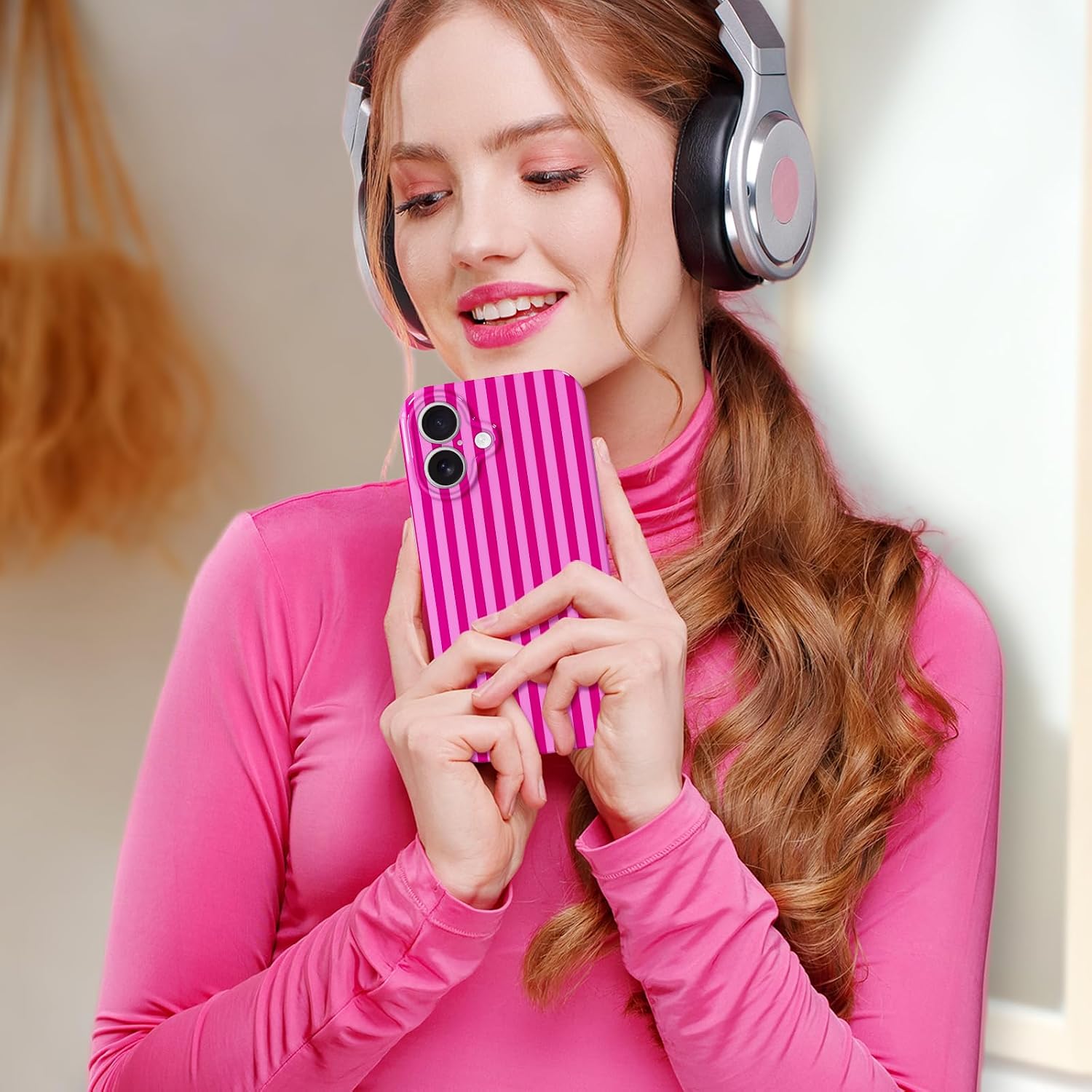 Detalle 1 de Hython iPhone 16 Plus Case, Hot Pink Striped Slim Soft TPU Cover