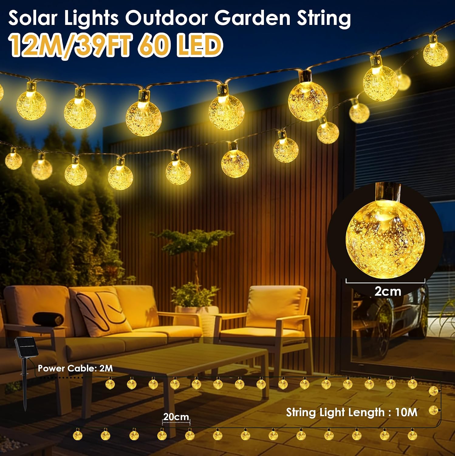 Thumbnail 2 de Wudyfei 12M 60LED Solar Fairy Lights: Waterproof Crystal Ball Garden String Lights
