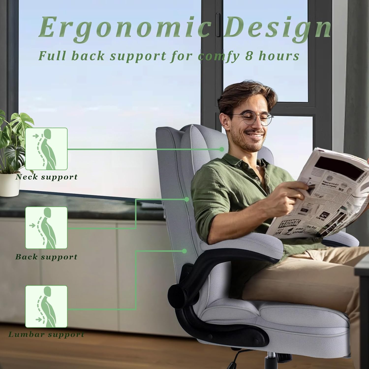 Detalle de GGCIR 5756 Z-Gray Executive Office Chair, Fabric, Flip-up Arms, 150kg Capacity