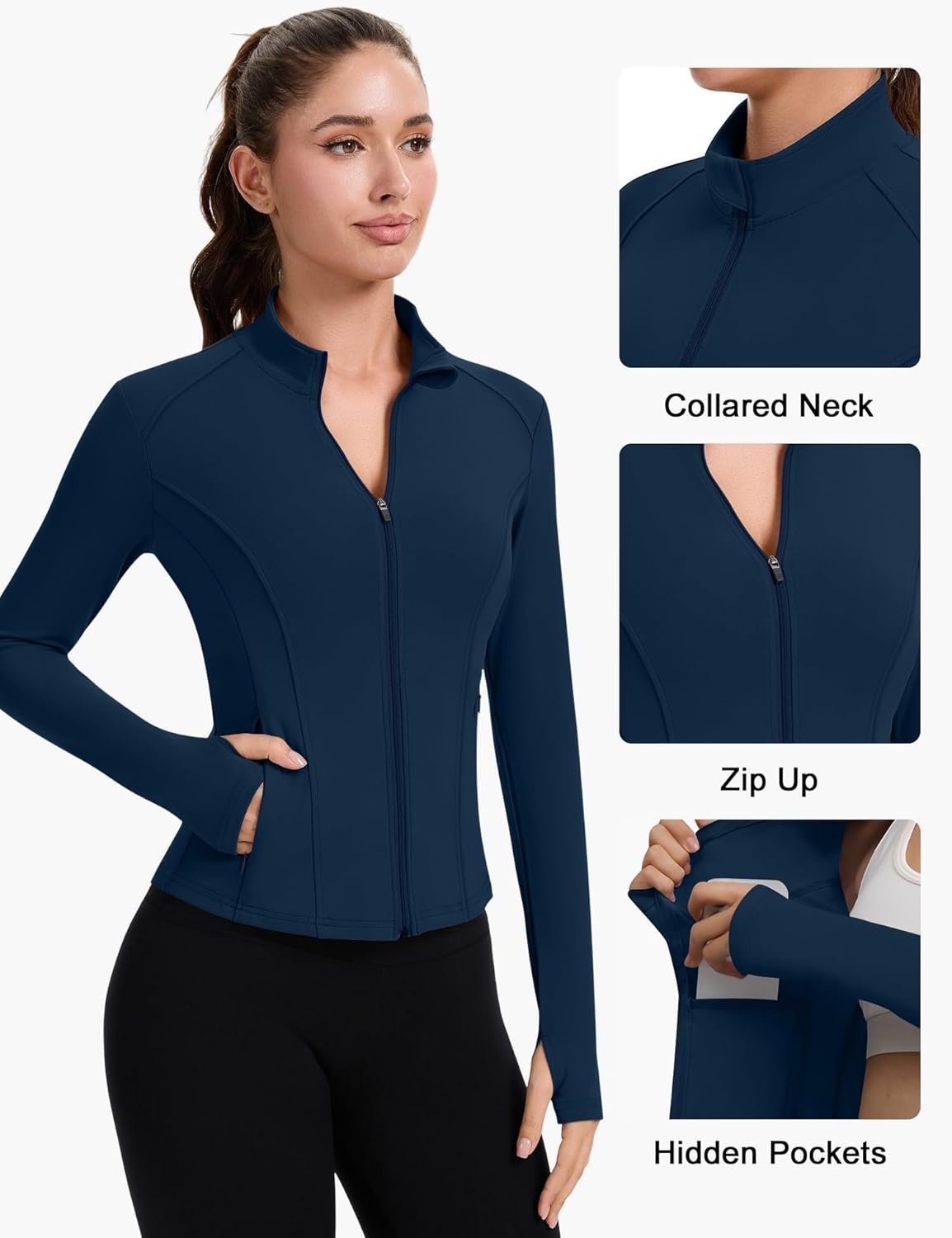Detalle de IECCP Damen Sportjacke Langarm Laufjacke mit Reißverschluss und Daumenloch – Funktionsshirt für Gym, Yoga & Training