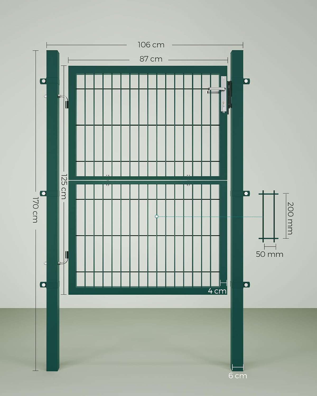 Detalle 2 de SONGMICS abschließbares Gartentor aus verzinktem Stahl, 106 x 125 cm (B x H) – grün GGD175L