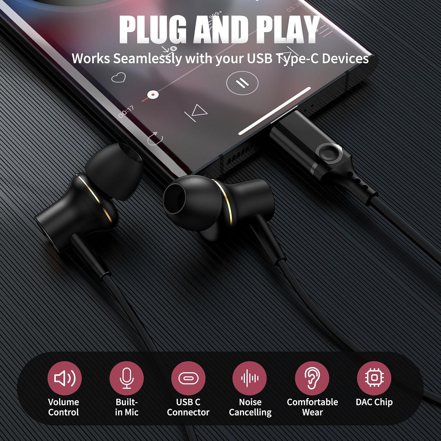 Detalle 2 de ACOCBUY USB-C Headphones with Mic for Samsung, iPhone & Pixel (Wired In-Ear) – Black