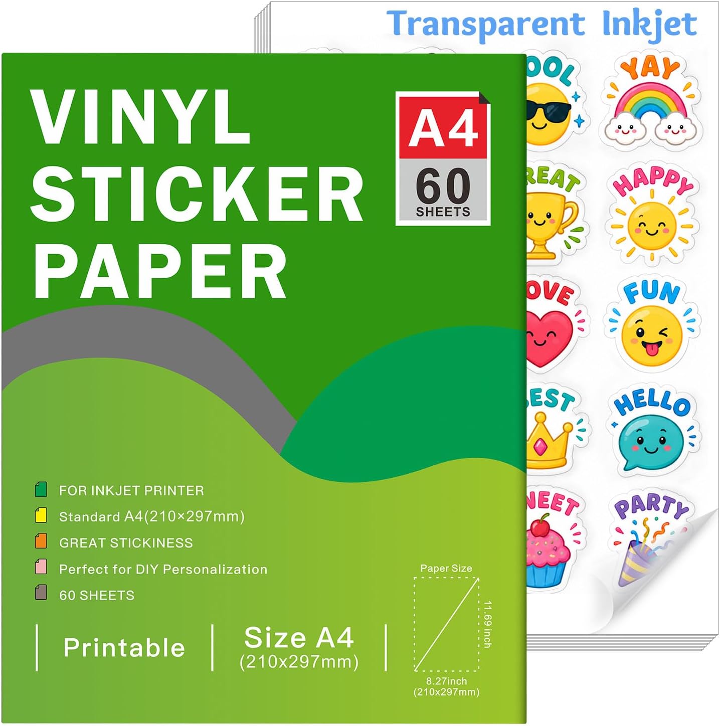 Ruibytree Transparentes Vinyl-Aufkleberpapier A4 für Inkjet – 60 Blätter, selbstklebend