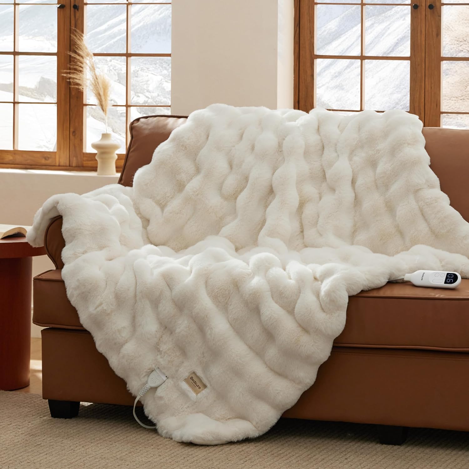 Detalle de Bedsure BS-TH01-S Heated Throw, Coconut White Faux Fur, 6 Heat Levels