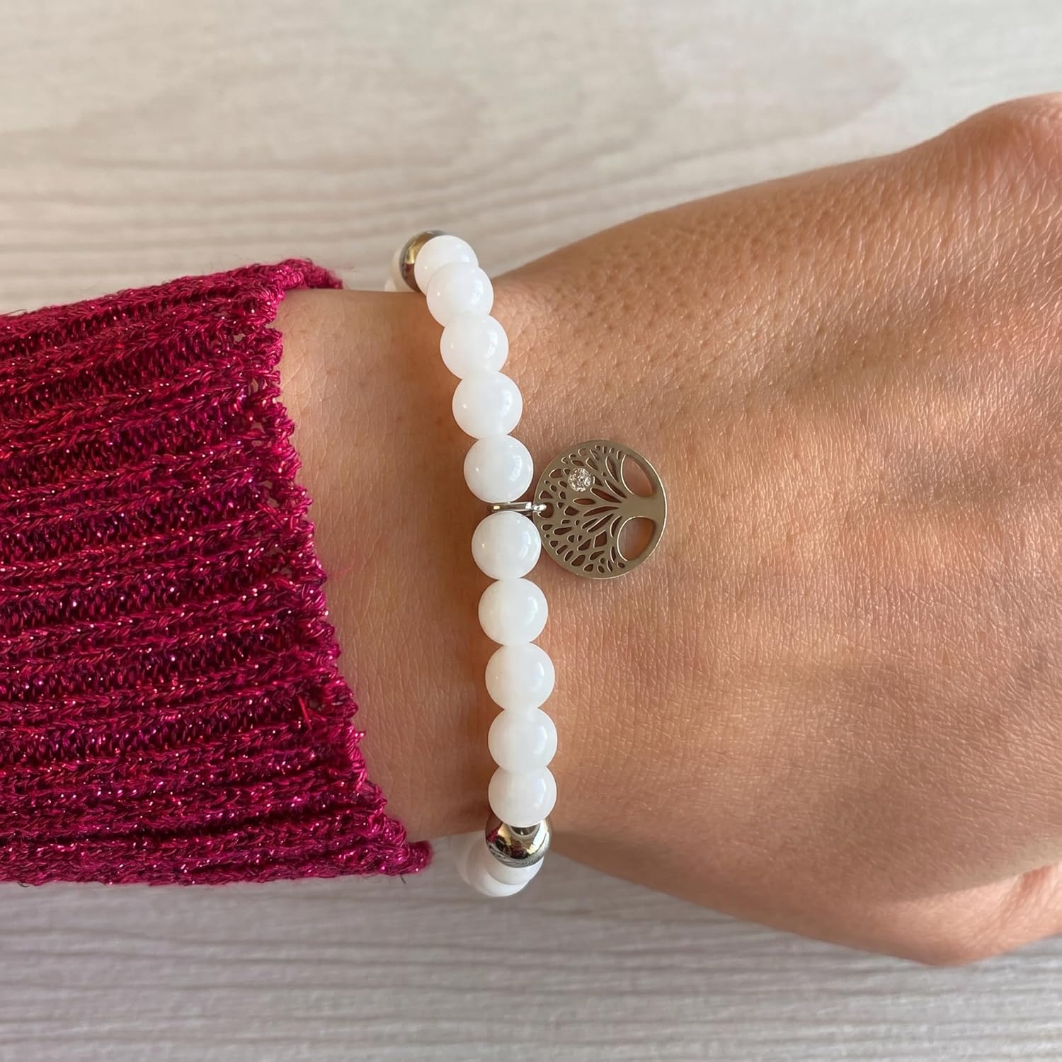 Detalle de 10:10 Bracciale Donna in Pietre Naturali 6mm con Albero della Vita e Zircone – Regolabile, Acciaio Inox Anallergico
