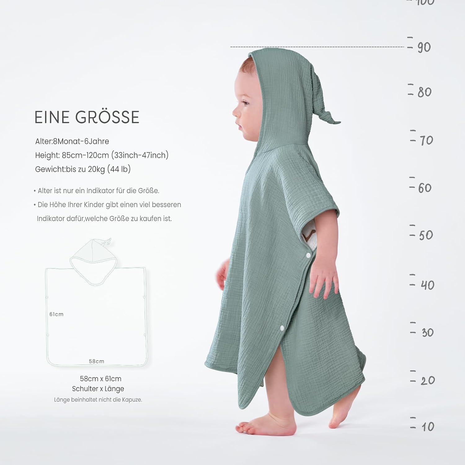 Thumbnail 4 de lulumoon Badeponcho Kinder Kapuzenhandtuch aus Musselin-Baumwolle 60 × 60 cm – Salbei Grün