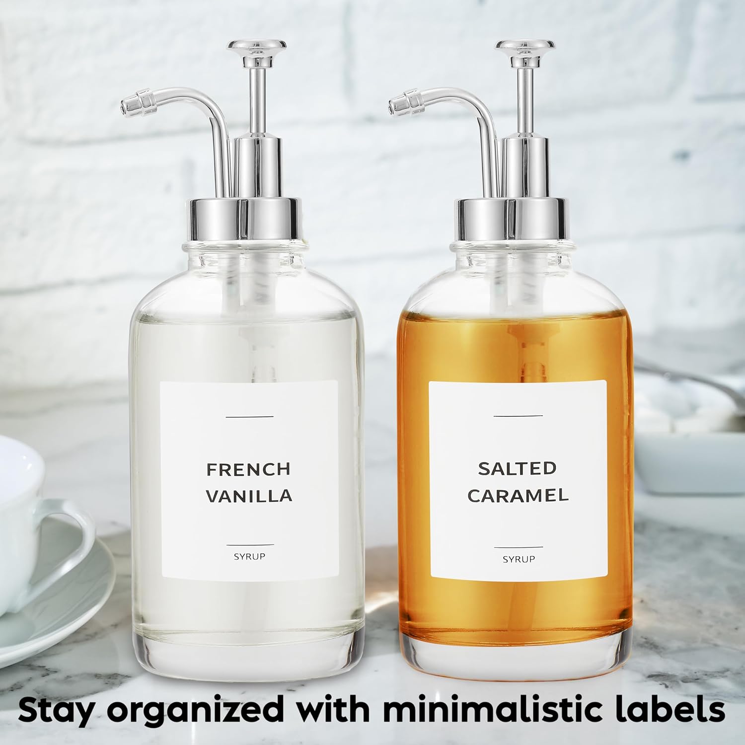 Detalle de Spaceneat Coffee Syrup Dispenser with Pump (Glass) – 500 ml bottle set with labels, brush & funnel