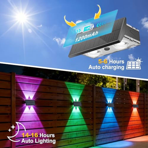 Detalle de Bigzom Solar Exterior Arriba y Abajo — Pack de 4 Lámparas Solares de Pared con 4 LEDs, IP65, Luz Multicolor
