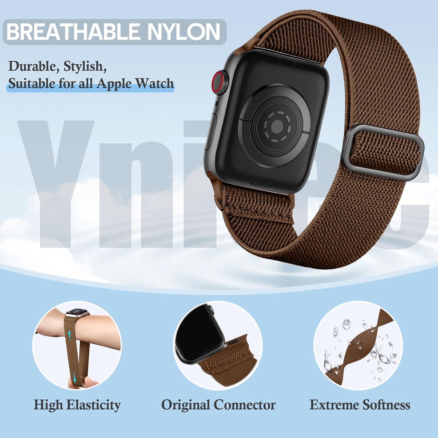 Detalle de Ynitec Stretchy Straps for Apple Watch – Elastic Nylon Loop, 38–42mm, for Series 11 to Ultra, Brown
