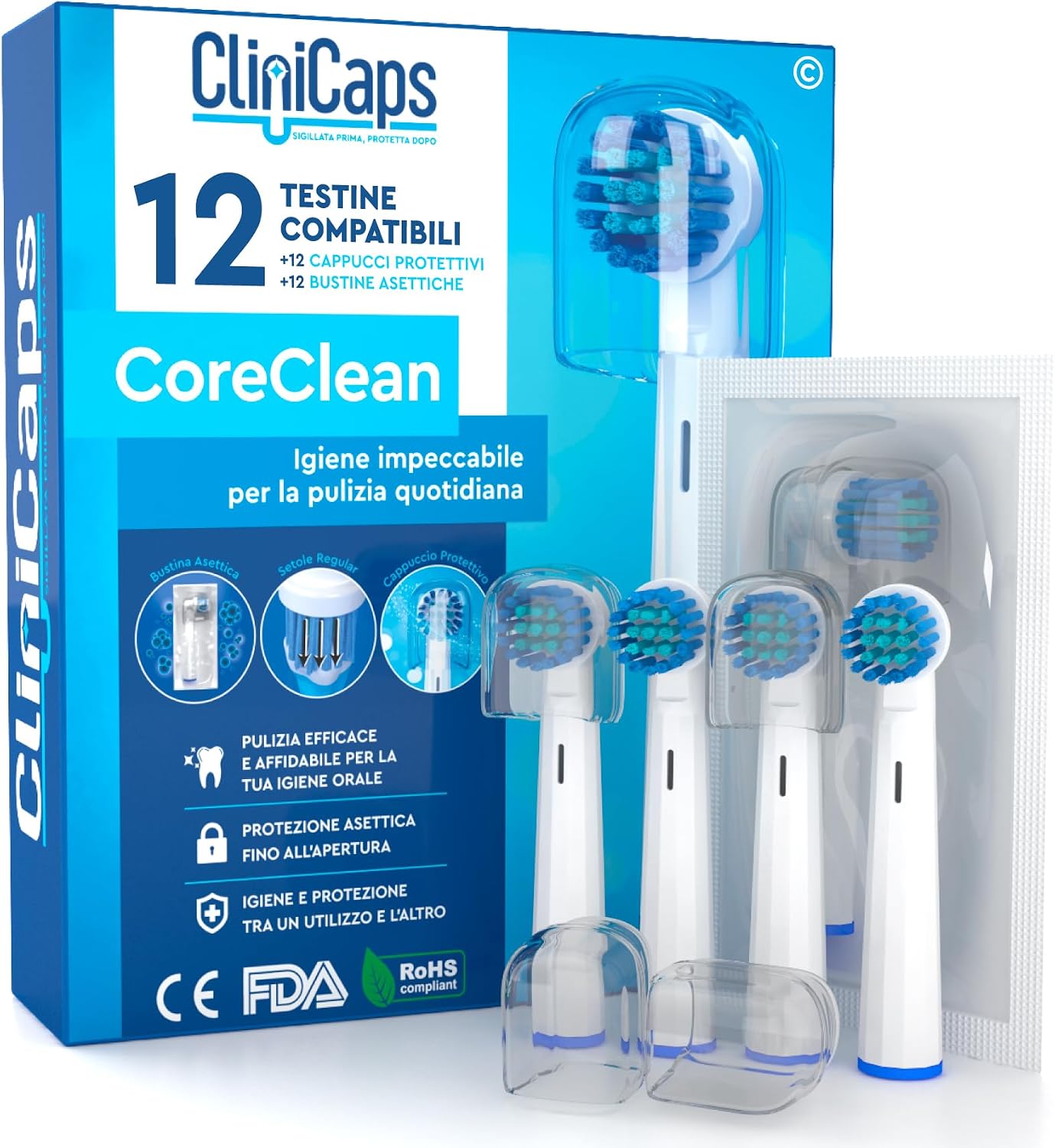 Detalle de 12 Testine Spazzolino Elettrico Ricambio CoreClean: compatibili con Oral-B, confezione igienizzata singolarmente