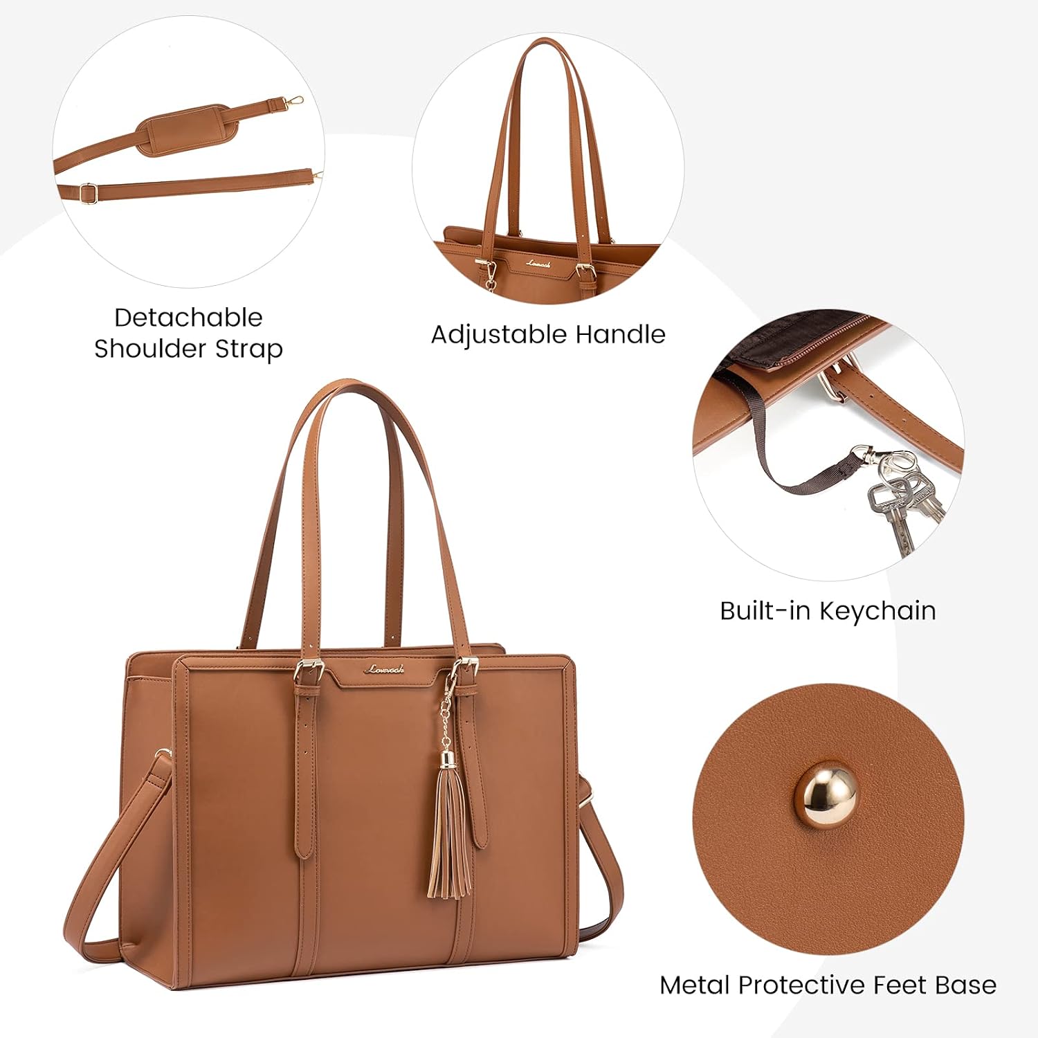 Thumbnail 4 de LOVEVOOK Laptop Tote Handbags for Women (15.6 inch) – Brown waterproof work bag with makeup pouch