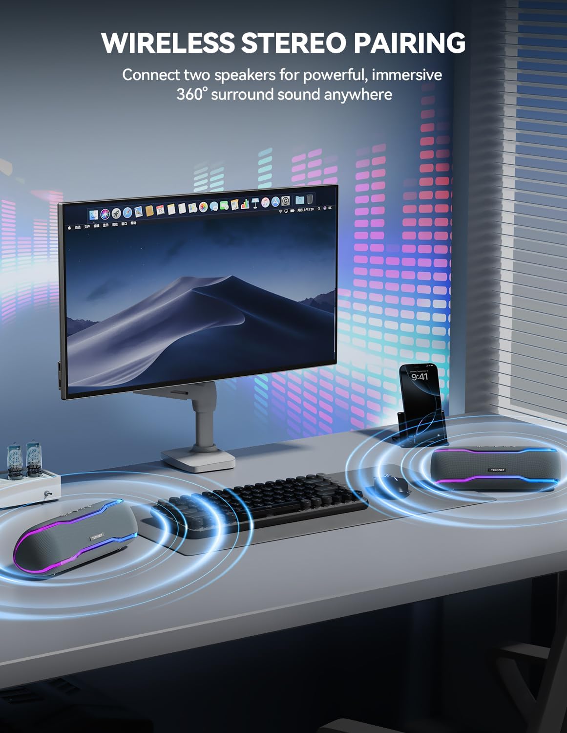 Detalle de TECKNET TK-BS002 Bluetooth 5.4 portable speaker with 30W stereo sound, RGB lights and IPX7