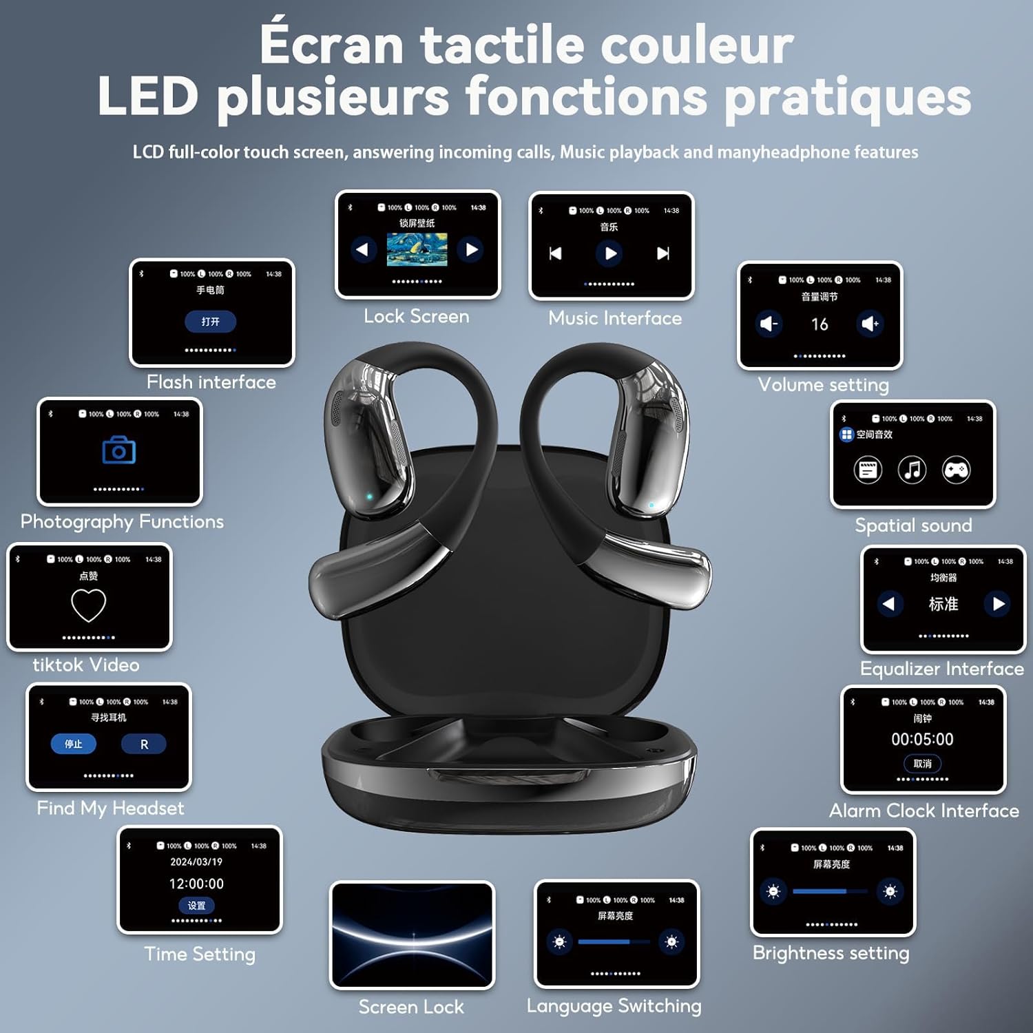 Detalle 2 de AI Écouteur Traducteur Instantané 144 langues — écouteurs Bluetooth 5.4 avec écran LCD tactile, réduction du bruit et traduction en temps réel