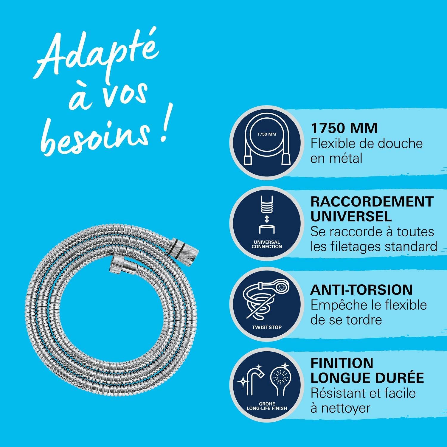Thumbnail 1 de GROHE Flexible Tuyau de Douche VitalioFlex métallique TwistStop 1750mm, Chrome