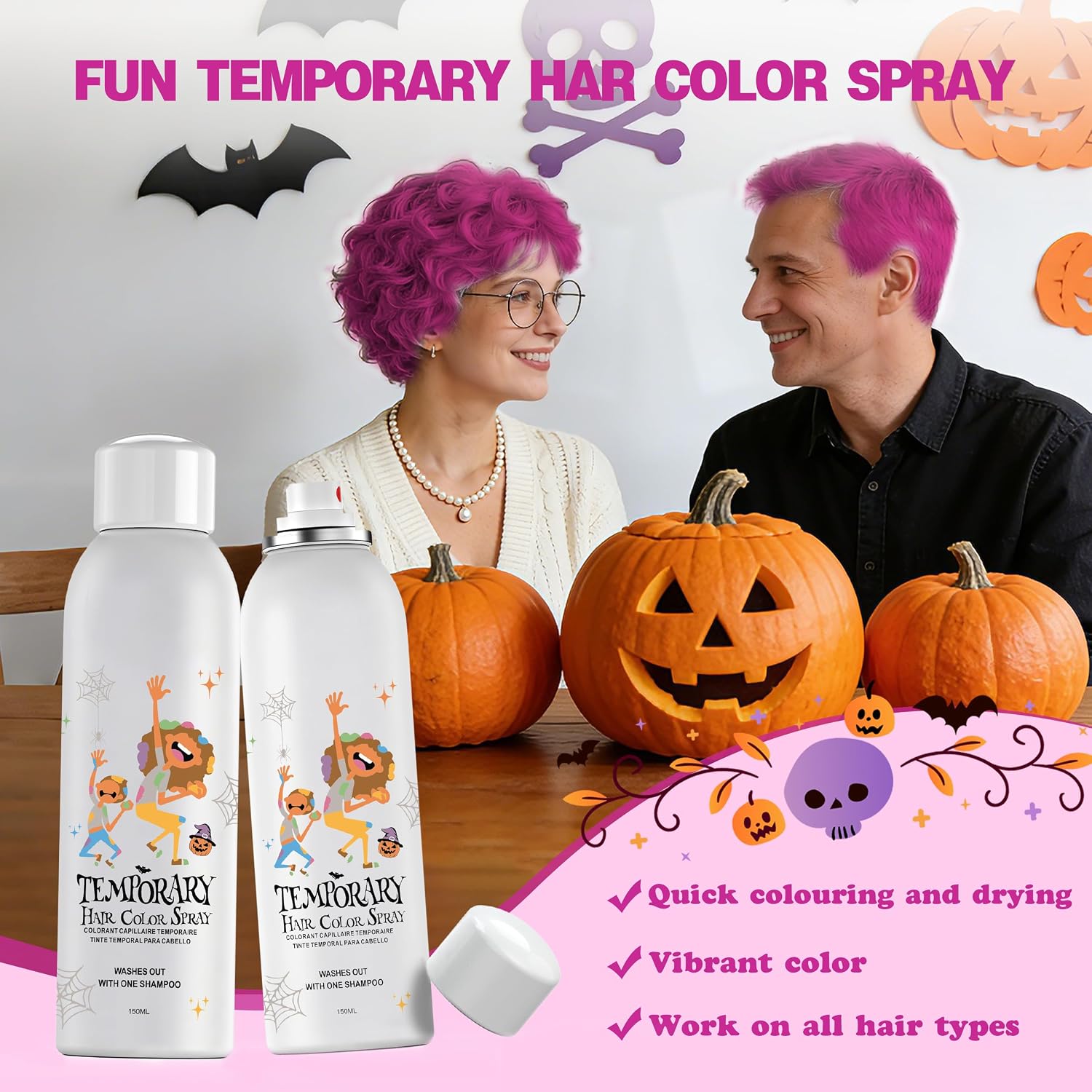 Detalle de Pink Temporary Hair Colour Spray – 150ml, 10 Shades, Water-Based Dye for Teens & Adults