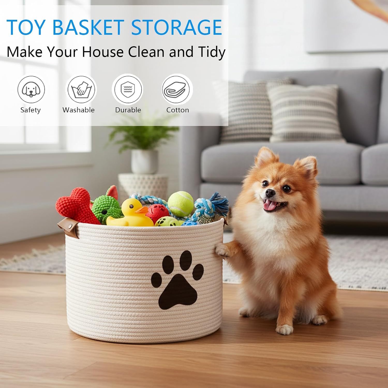 Detalle de Morezi large beige cotton pet toy storage basket with handles (40cm D x 27cm H)