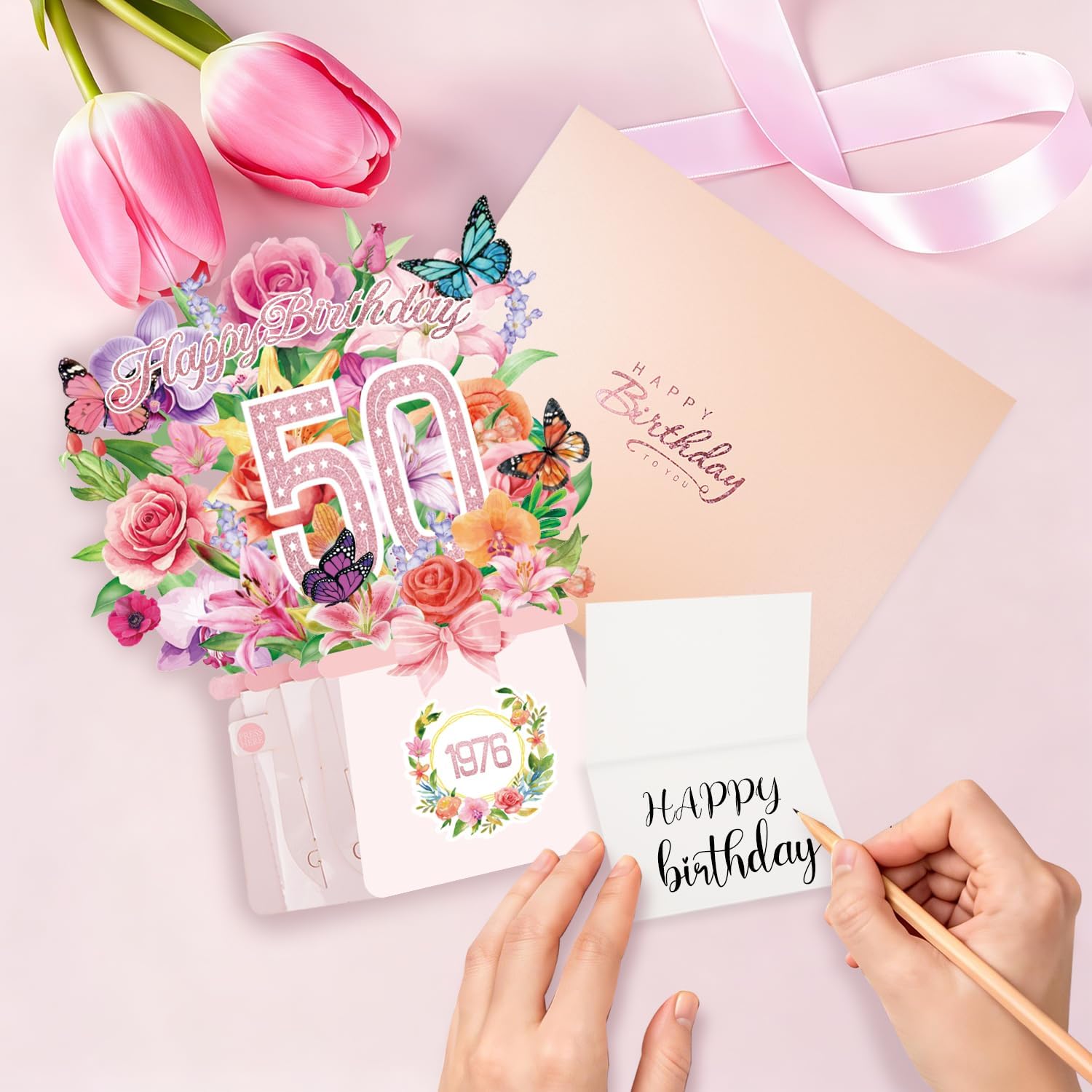 Thumbnail 3 de 50th Birthday Cards Light and Music 1976 Forever Flower Bouquet 3D Pop Up Gift Card (10 inch)