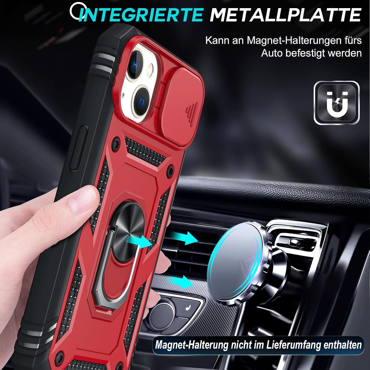 Detalle 2 de LeYi iPhone 14 6.1" case with sliding camera cover, 360° armour protection and ring stand (2-pack tempered glass)