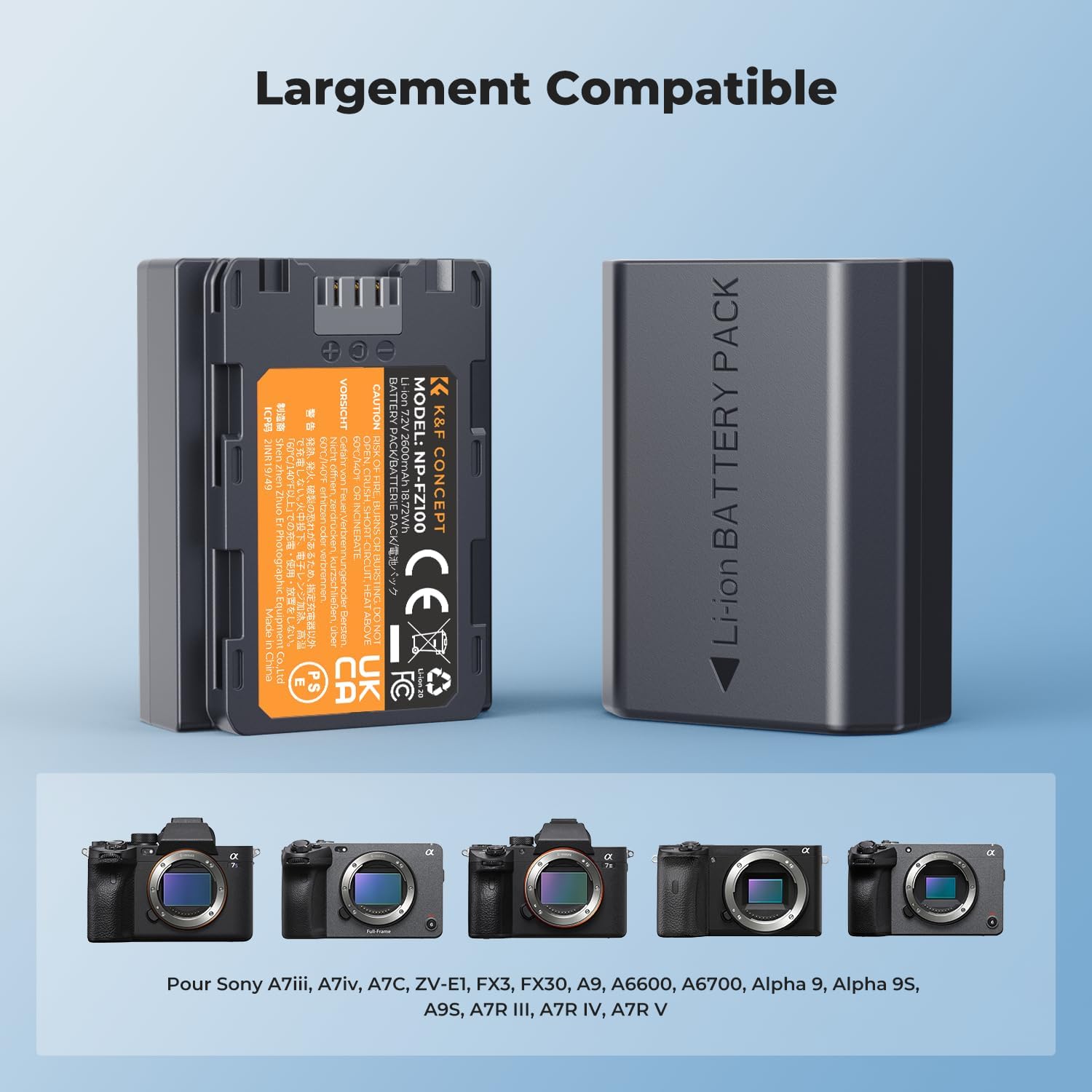 Thumbnail 3 de K&F CONCEPT Batterie 2600 mAh NP-FZ100 + chargeur double avec écran LCD (compatibles Sony A7 III/A7 IV, FX3, FX30, ZV-E1…)