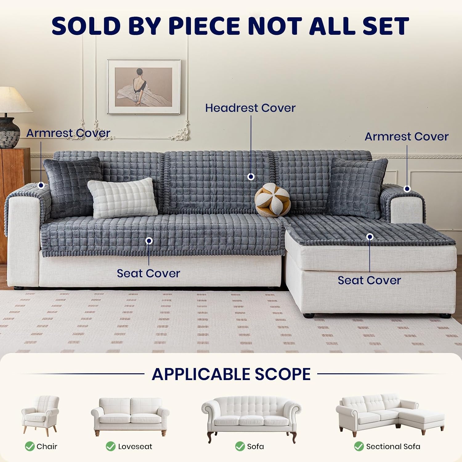 Thumbnail 3 de Royhom Pet Sofa Cover Washable: Thick Flannel Slipcover for 2–4 Seater Sofas (Grey, 70x150cm)