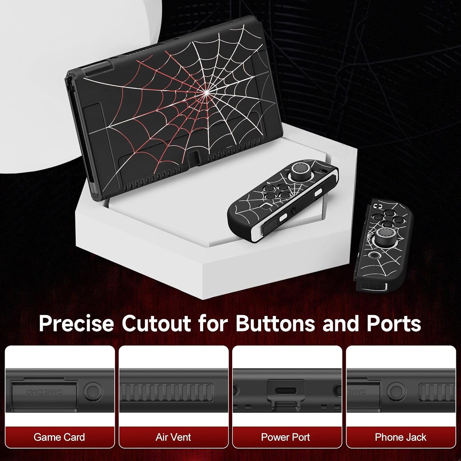 Detalle de JINGDU Protective Case for Nintendo Switch OLED (2021) with 4 Thumb Grips – Black Spider Web