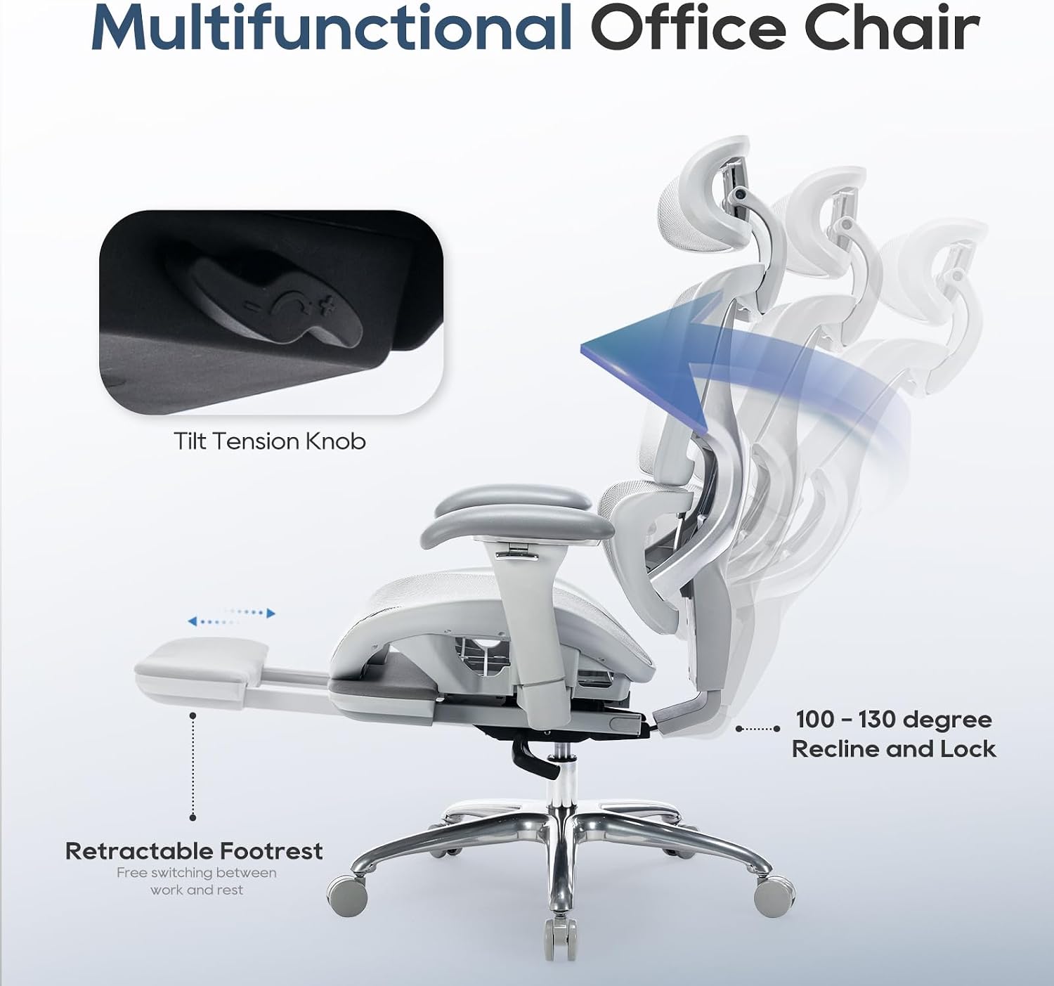 Detalle 2 de COLAMY 5188-Grey Ergonomic Mesh Office Chair with Footrest and 3D Arms