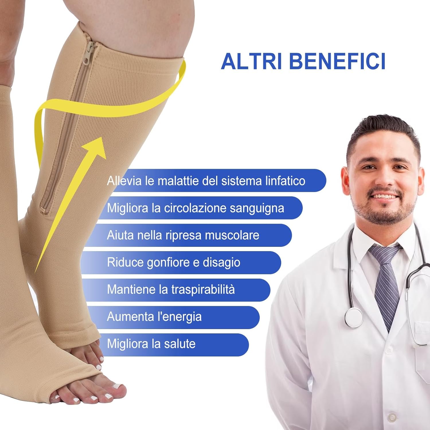 Detalle de Calze a compressione graduata 20-30 mmHg unisex con cerniera e punta aperta (taglie forti)