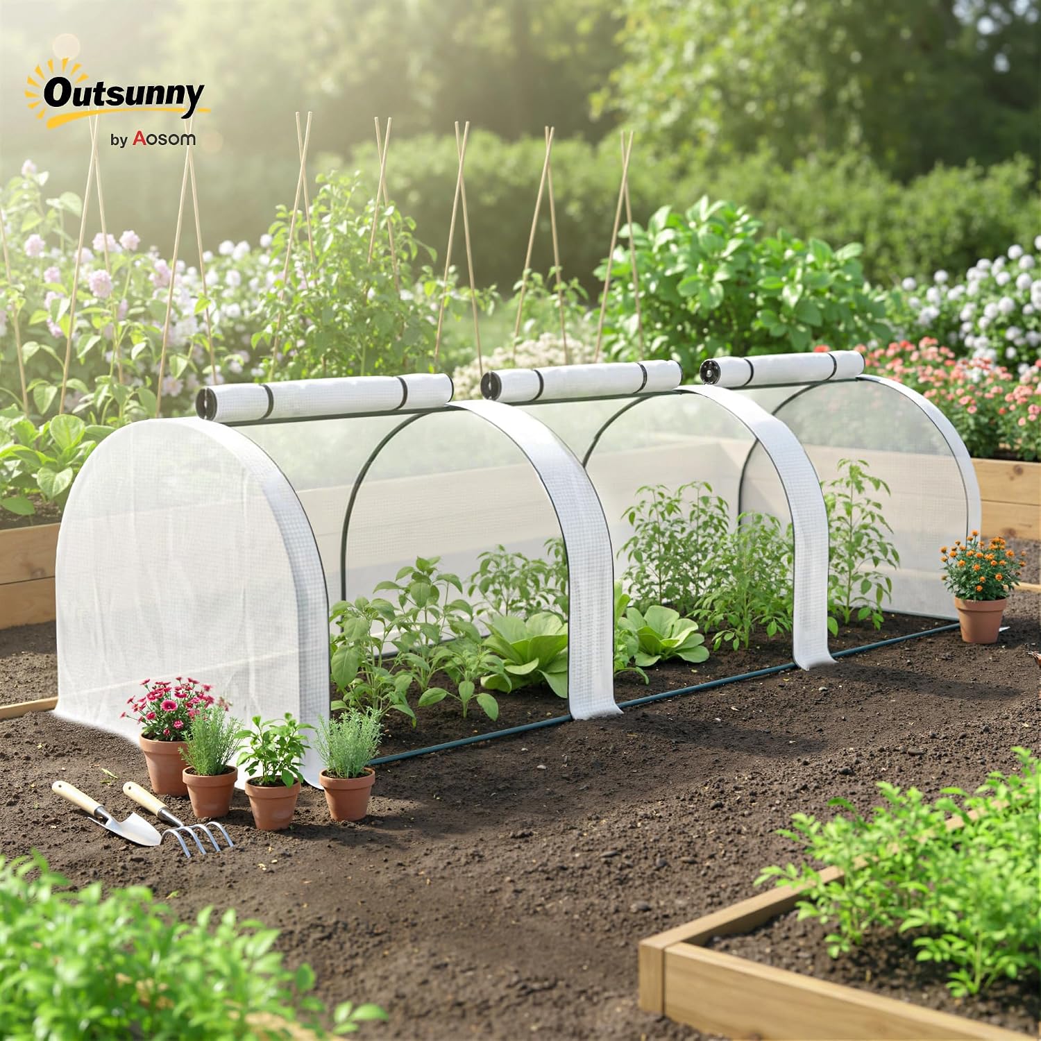 Detalle de Outsunny 845-234V05WT mini-broeikas 3 x 1 x 0,8 m met oprolbare deuren