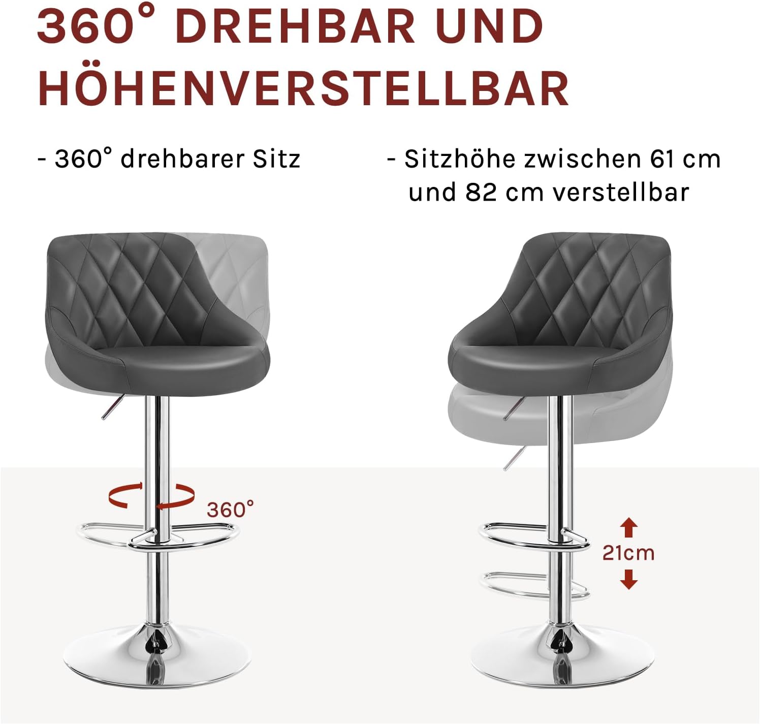 Detalle de WOLTU Barhocker-Set (2er) mit Rückenlehne, höhenverstellbar & drehbar – gepolsterter Kunstledersitz in Grau