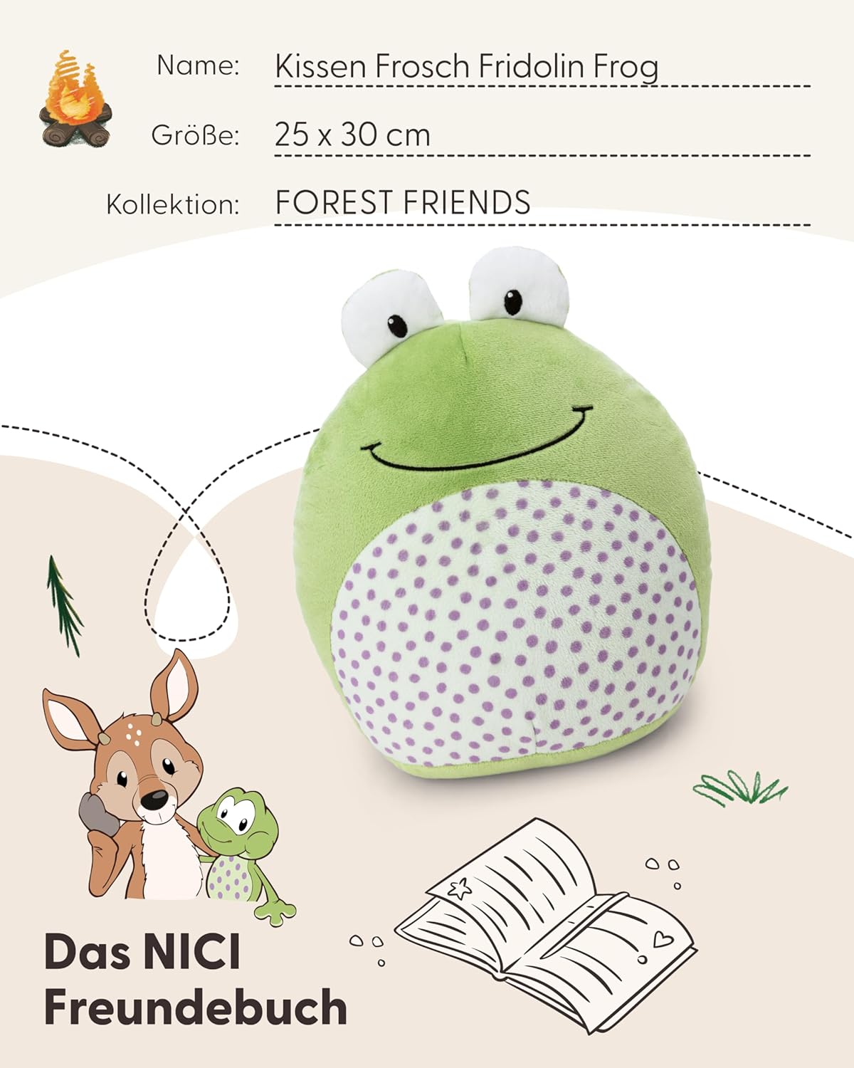 Detalle de NICI Kuscheltier Frosch Fridolin Frog 25x30cm – grün, 3D-Augen, Quak-Faktor – Forest Friends