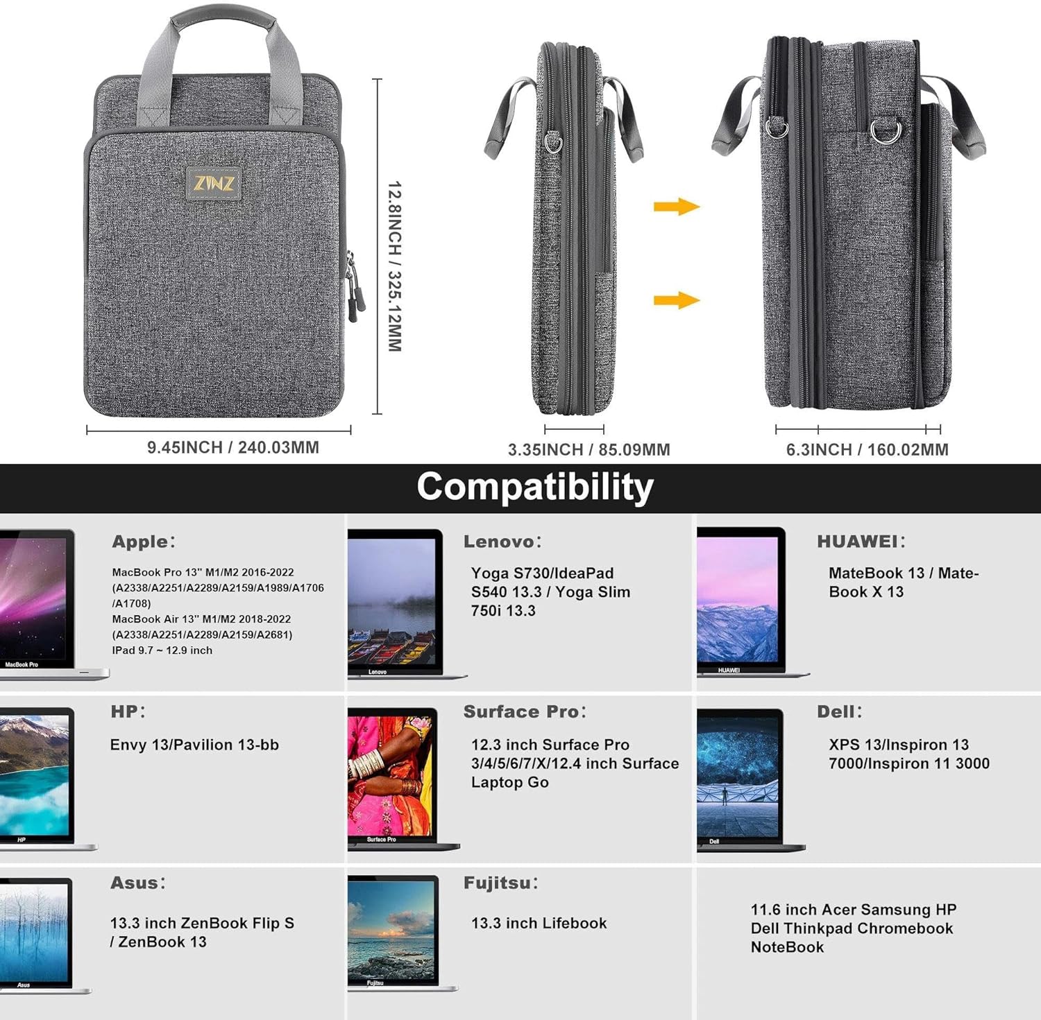 Detalle de ZINZ 12.9–13" Laptop Case Shoulder Bag (Expandable) with valuables compartment