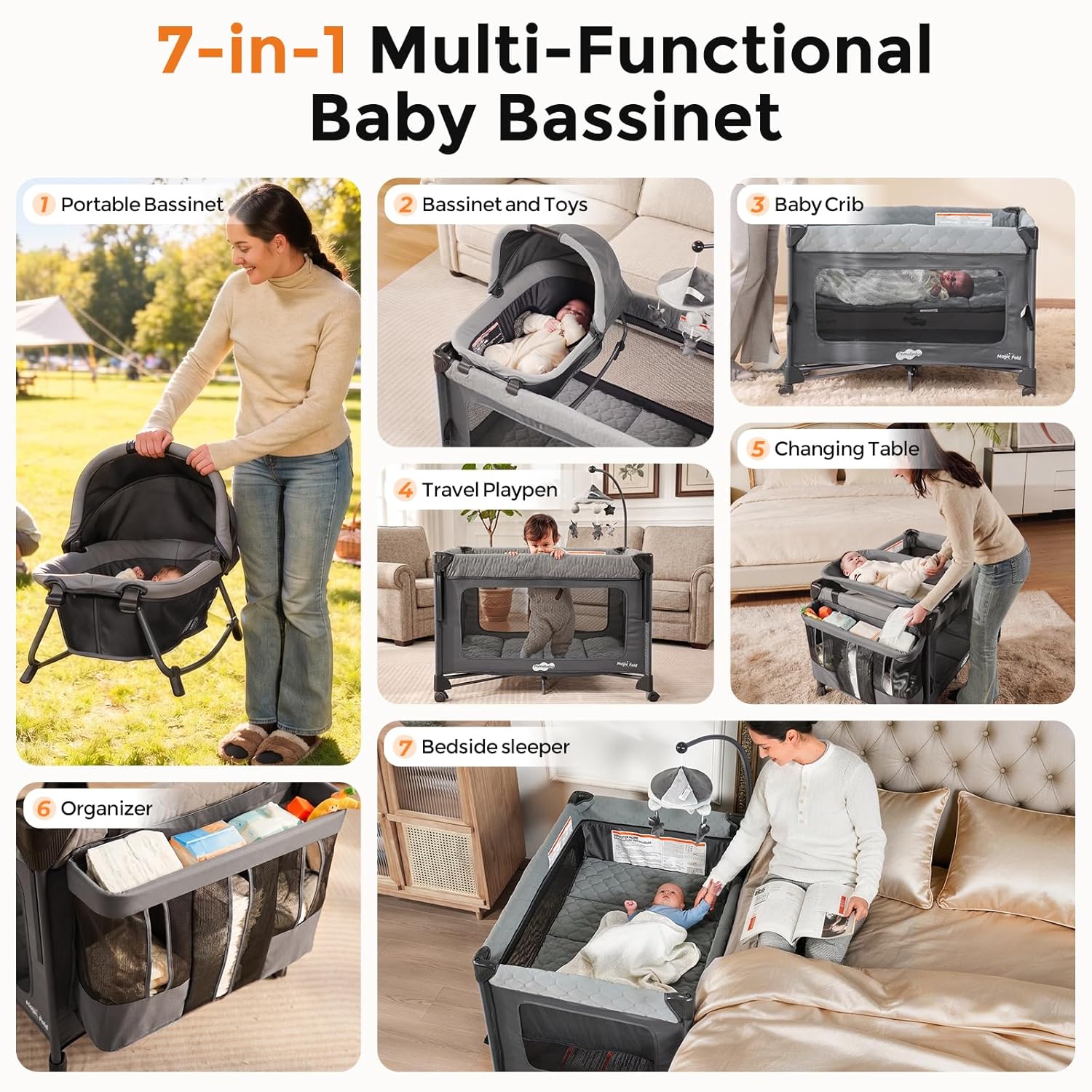Detalle de Pamo Babe Pack and Play with Bassinet: 7-in-1 Portable Bedside Crib and Playard