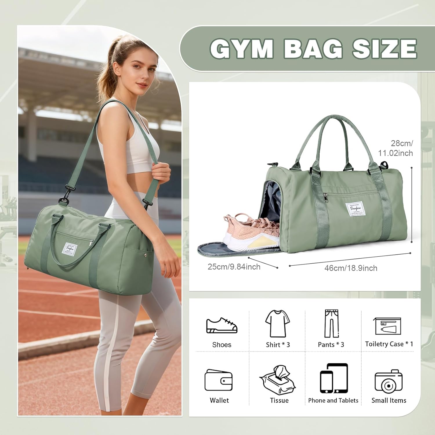 Thumbnail 2 de WEPLAN A9 Grey Green Gym & Travel Duffle Bag with Shoe Compartment, Wet Pocket and Wet/Dry Separation