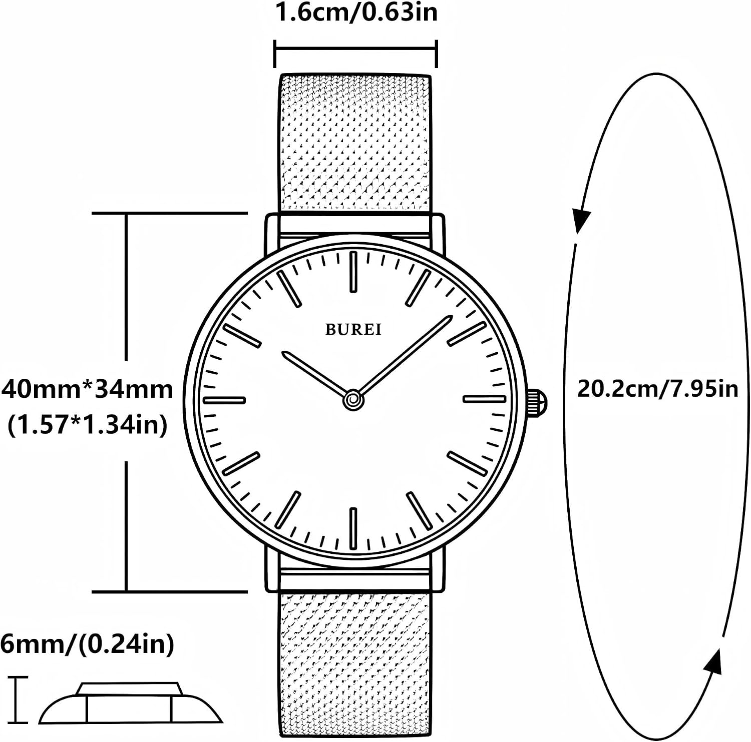 Detalle de BUREI orologio ultra sottile Demen minimalista analogico al quarzo giapponese, bianco e oro con bracciale in maglia d’acciaio inox