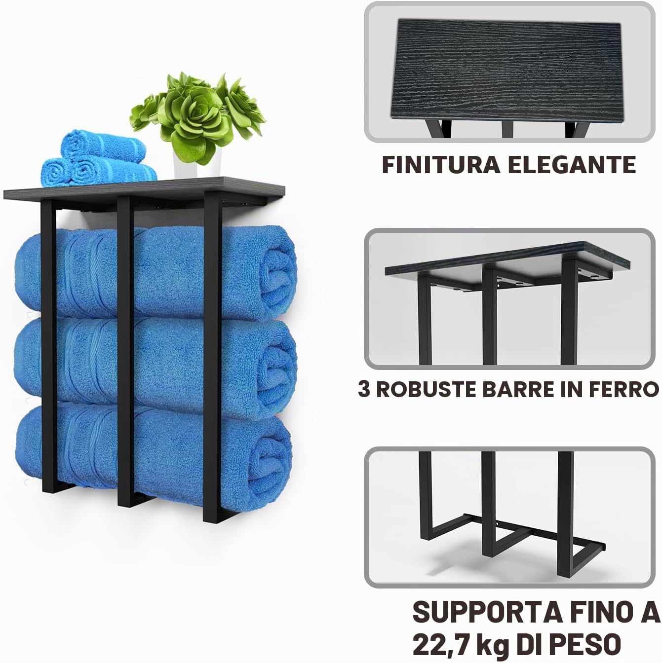 Detalle de Portasciugamani da parete con ripiano e contenitore – 3 barre in ferro, portata 25 kg, design MDF