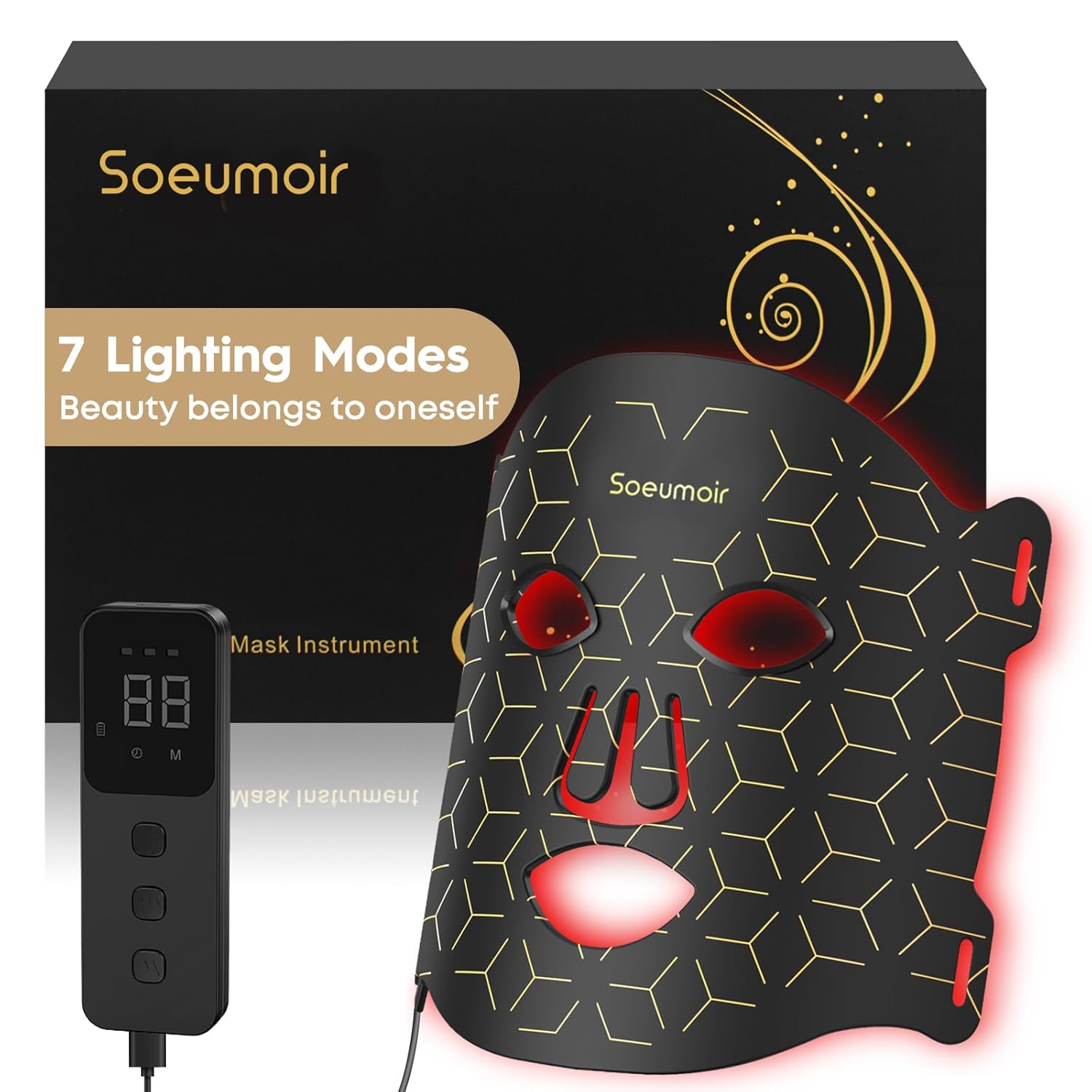 Detalle de Soeumoir LED-Gesichtsmaske mit Rotlichttherapie – 625 nm, 108 LEDs, 7 Beleuchtungsmodi