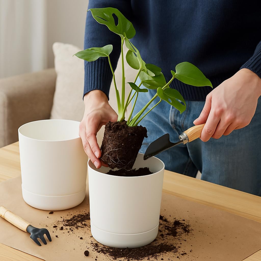 Thumbnail 1 de Home Garden Ornaments Plant Pots Indoor, Plastic Outdoor Planter with Drainage & Saucer (13 cm / 5.1 inch) – White