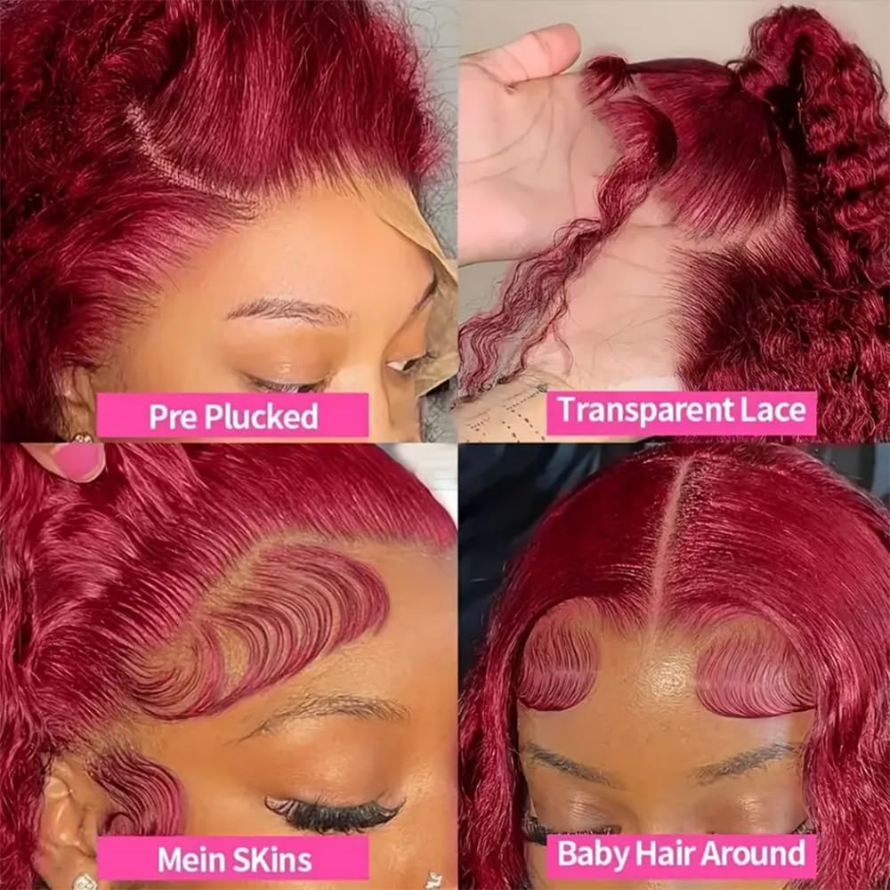 Detalle de KRKRYQ 30 Inch 99J Burgundy Deep Wave 13x6 HD Lace Front Human Hair Wig (180% Density)