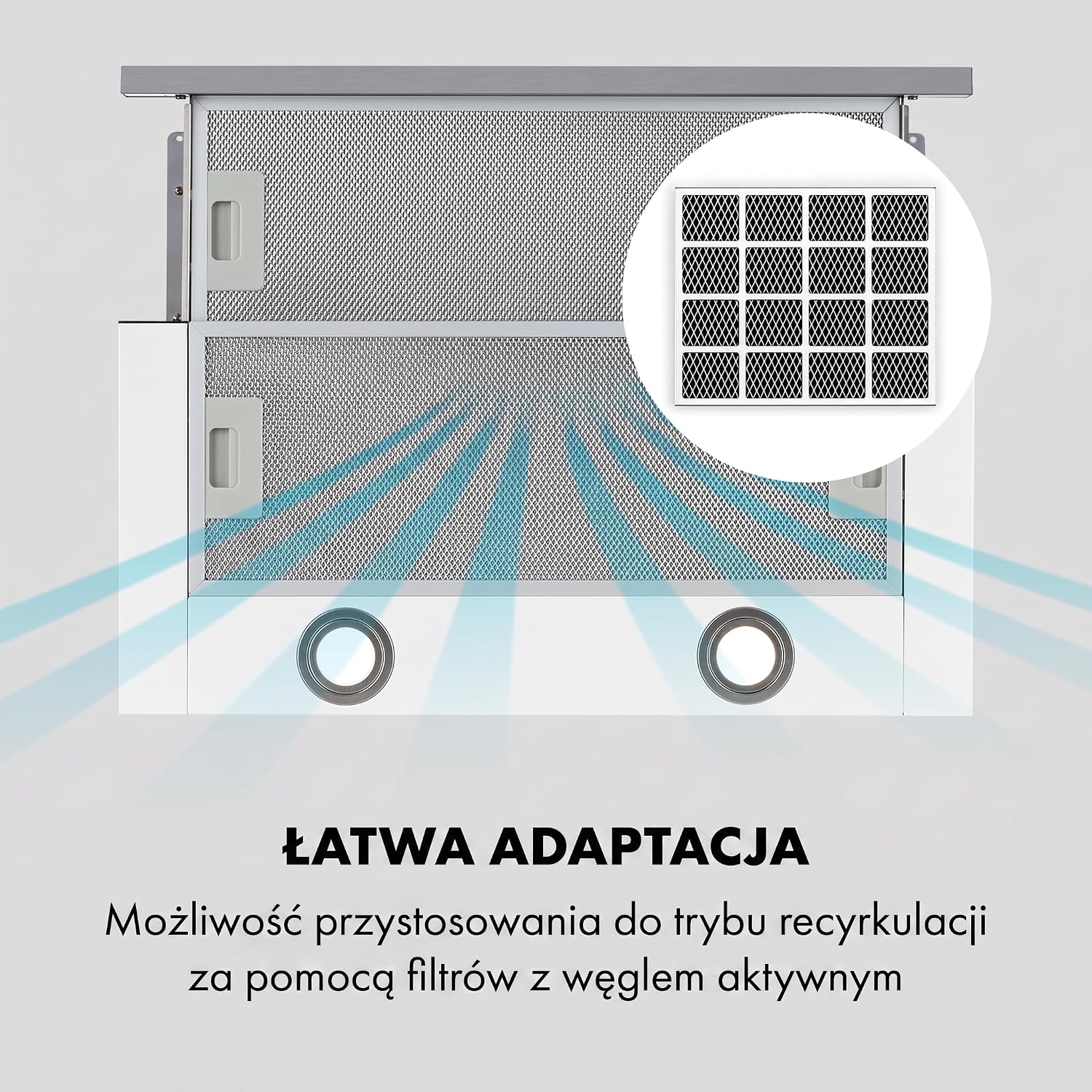 Detalle de Klarstein Mariana 60 cm – teleskopowy okap podszafkowy, LED, recyrkulacja i wyciąg